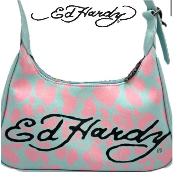 Ed Hardy Light Blue and Pink Shoulder Bag with Artistic Design - Picture 3 of 8